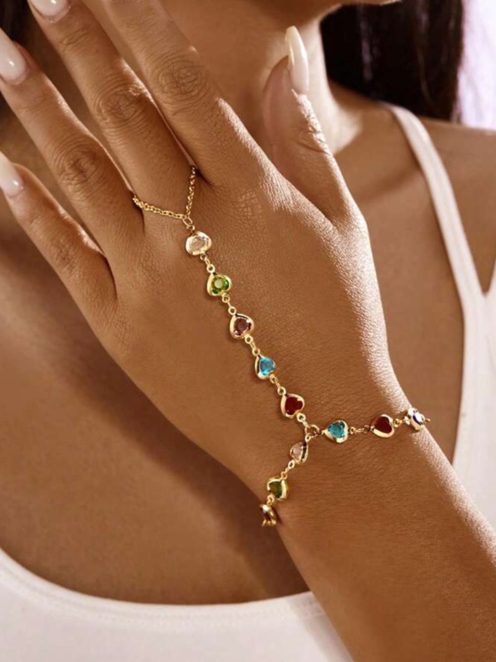 Gold Tone Multi-Color Gems Heart Chain Hand Bracelet